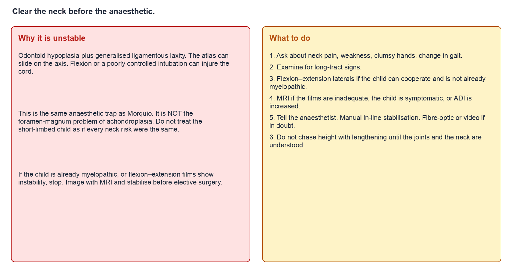 Two-panel checklist: why the PSACH neck is unstable and what to do before a general anaesthetic
