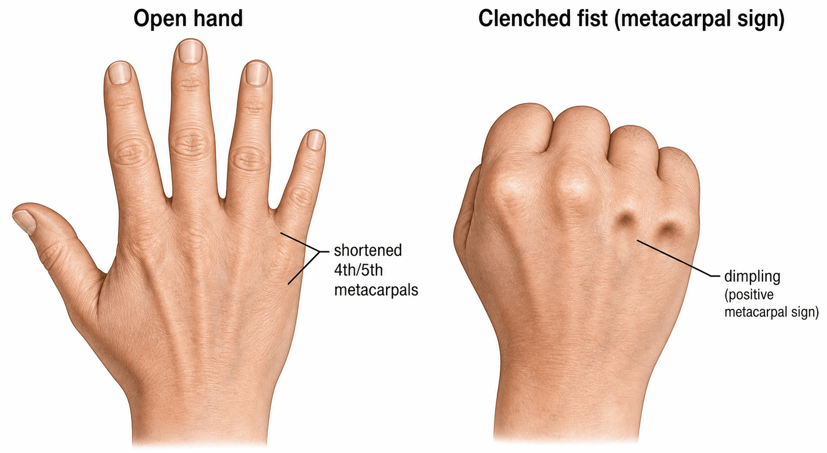 Illustration of the hand in Albright hereditary osteodystrophy showing shortened 4th and 5th metacarpals and dimpling on making a fist (positive metacarpal sign)