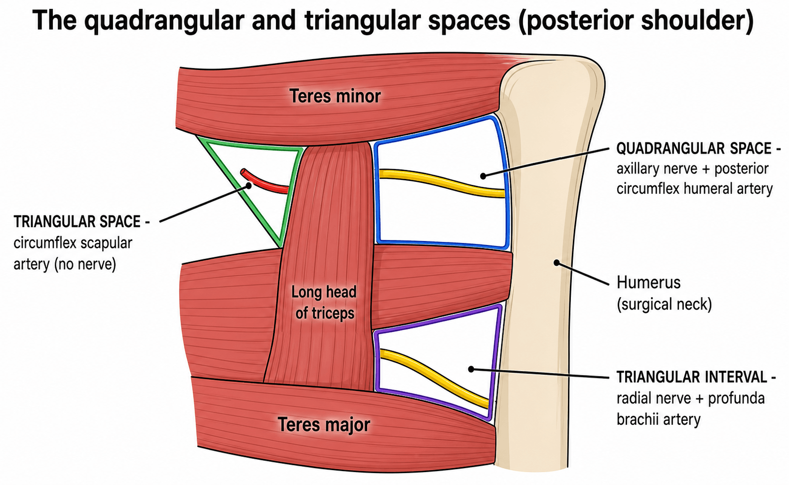 Labelled posterior-shoulder diagram of the three passages: the quadrangular space (axillary nerve + posterior circumflex humeral artery), the triangular space (circumflex scapular artery, no nerve), and the triangular interval (radial nerve + profunda brachii), with teres minor, teres major and the long head of triceps as boundaries