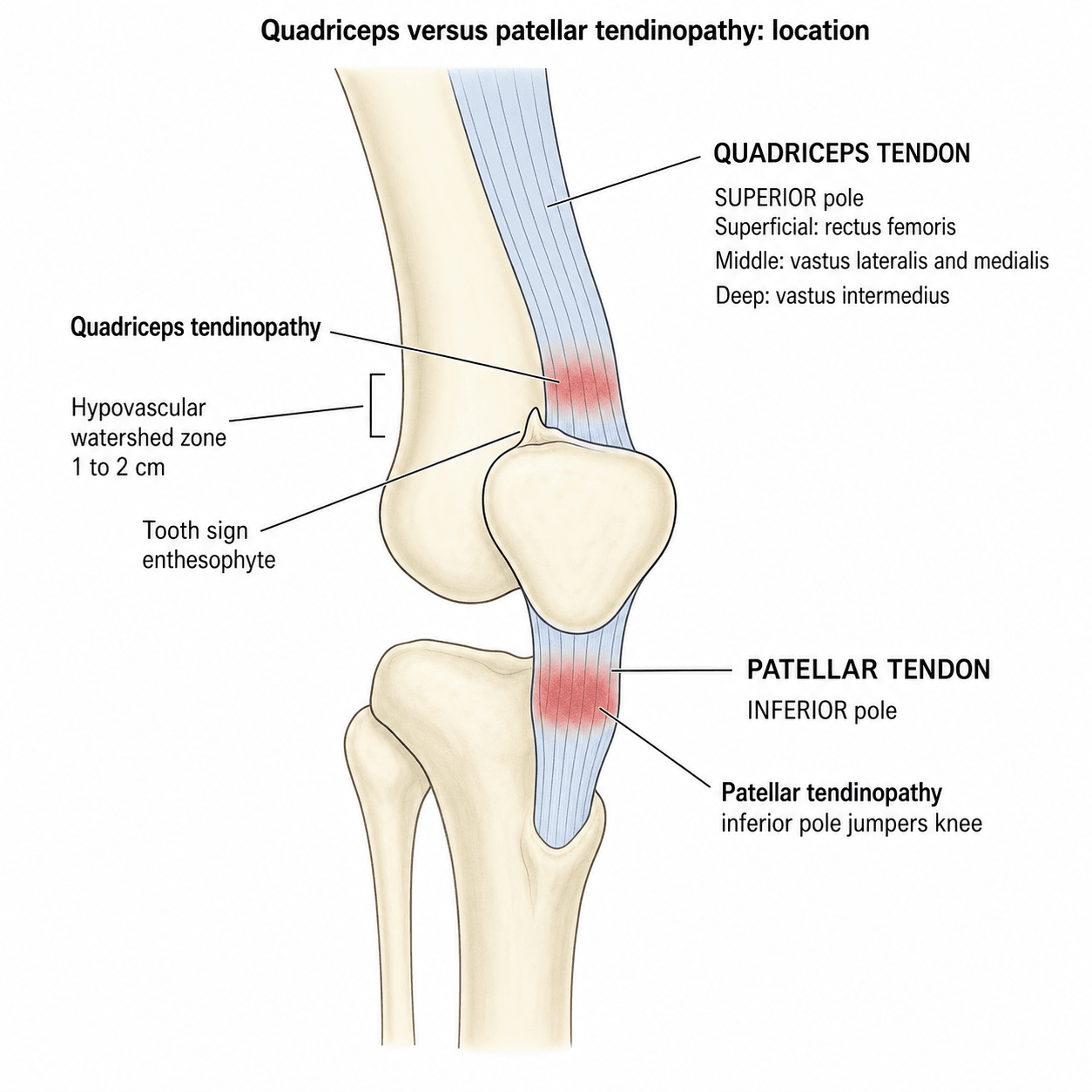 Sagittal extensor-mechanism schematic contrasting quadriceps tendinopathy at the superior pole (trilaminar tendon, hypovascular watershed zone, tooth-sign enthesophyte) with patellar tendinopathy at the inferior pole.