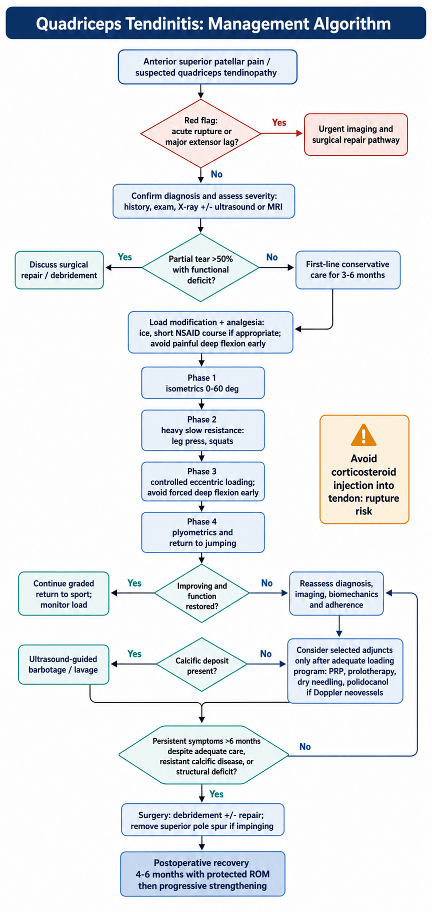 Management algorithm flowchart for quadriceps tendinopathy, from red-flag screening and diagnosis through staged loading rehabilitation to injections and surgery.
