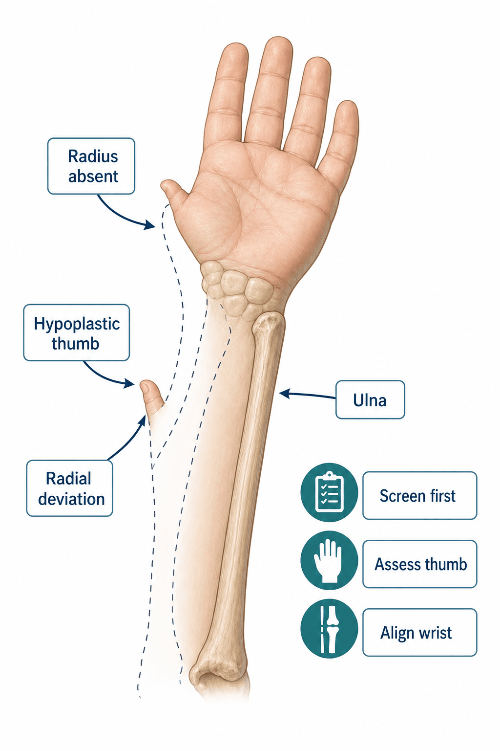 Radial longitudinal deficiency schematic showing absent radius, ulna, radial deviation, hypoplastic thumb, screening, thumb assessment and wrist alignment