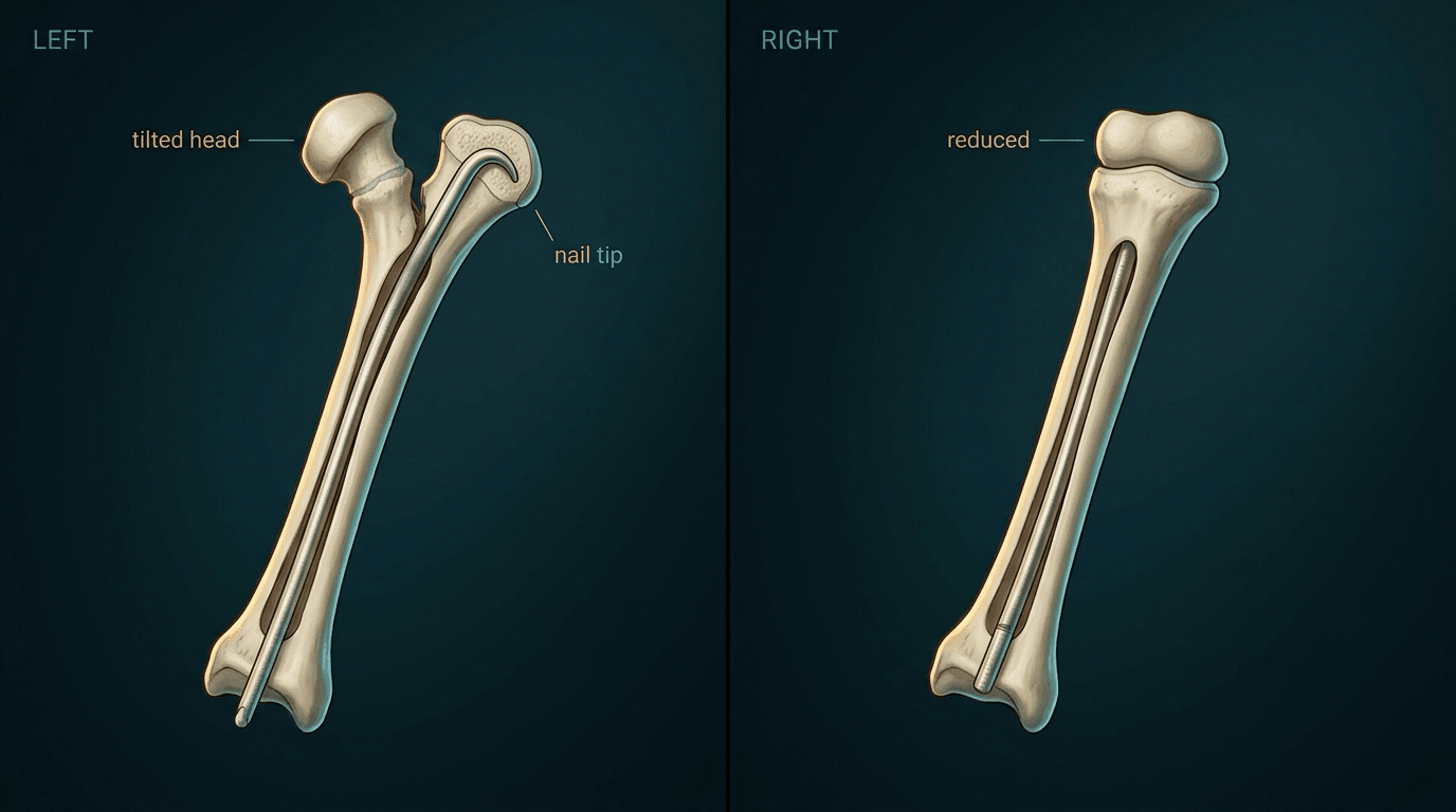 Two-panel illustration labelled LEFT and RIGHT: left, an elastic nail in the radial canal with its tip labelled beside a head labelled tilted; right, the head labelled reduced with the nail in the canal.