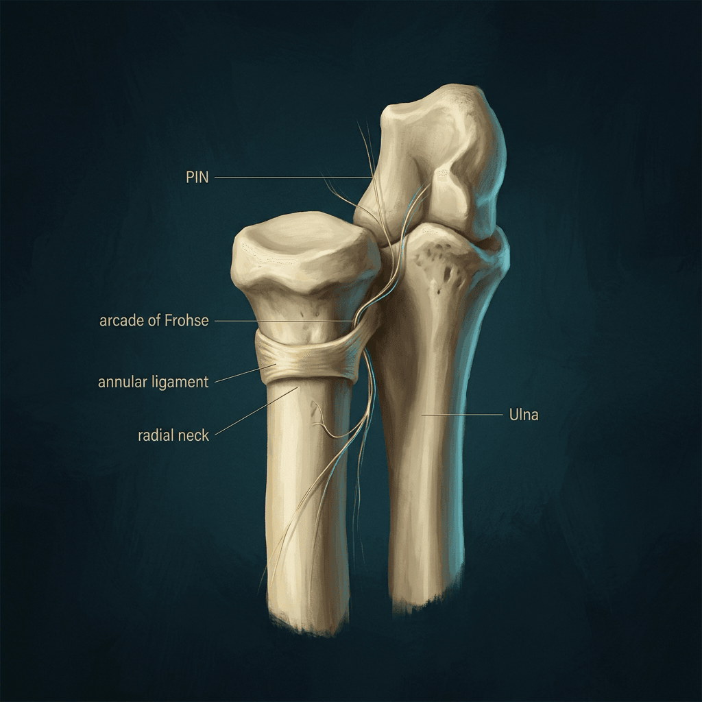 Illustration of the proximal radius and ulna with the posterior interosseous nerve, arcade of Frohse, annular ligament and radial neck labelled.
