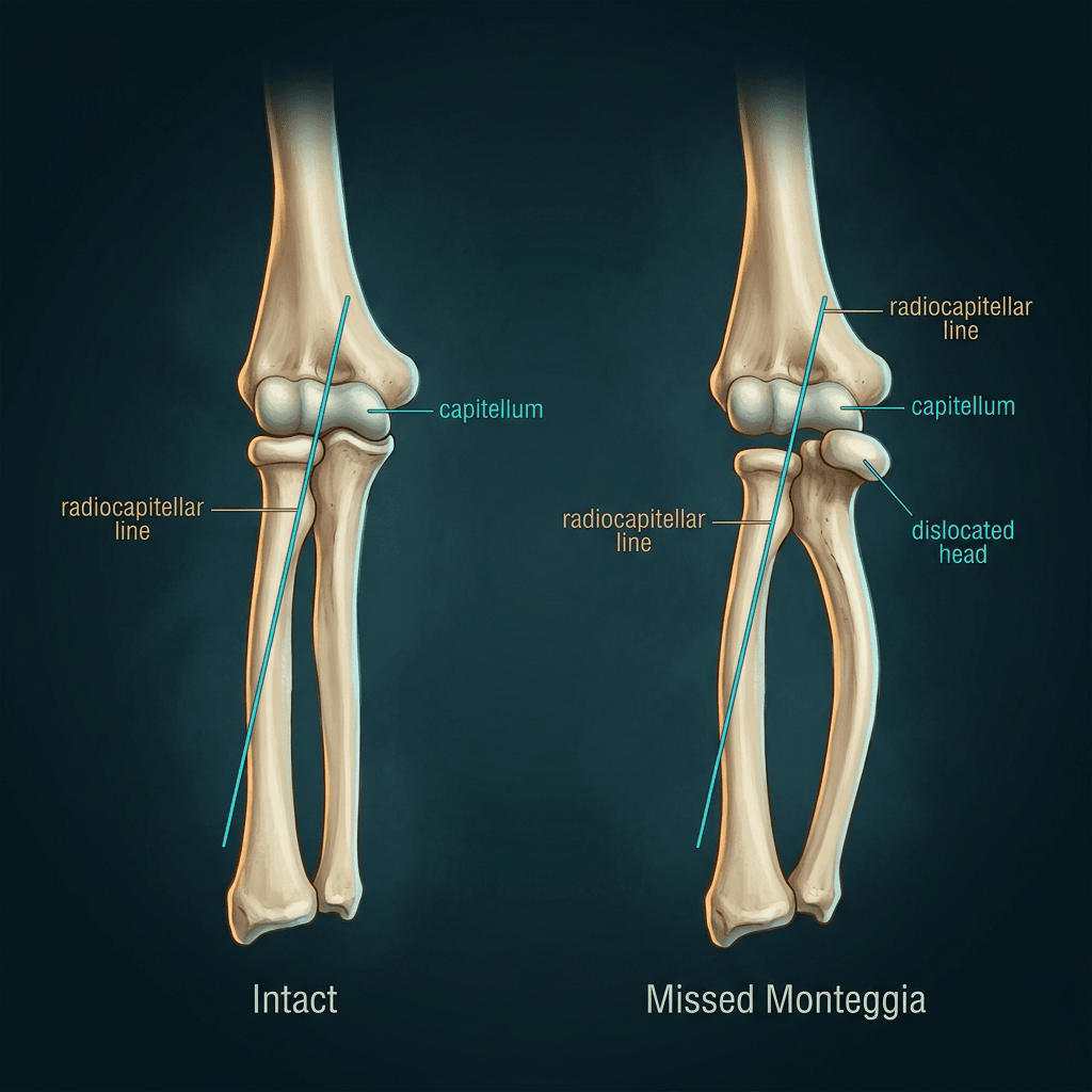Two illustrated elbows labelled Intact and Missed Monteggia, each with a drawn radiocapitellar line and the capitellum marked; in the second a dislocated radial head is labelled.