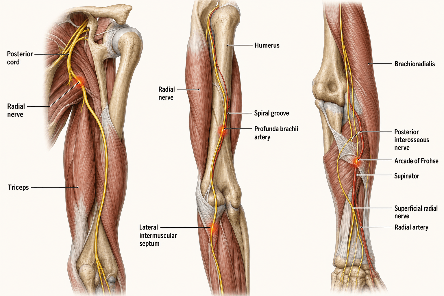 Three-panel illustration of the radial nerve course from posterior cord to terminal branches