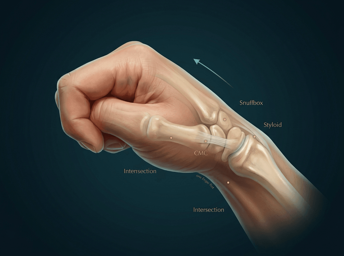 Cinematic illustration of a right wrist with four labelled landmarks — first extensor compartment, snuffbox, thumb CMC joint and proximal intersection — and the thumb clasped in the palm with the wrist ulnarly deviated.