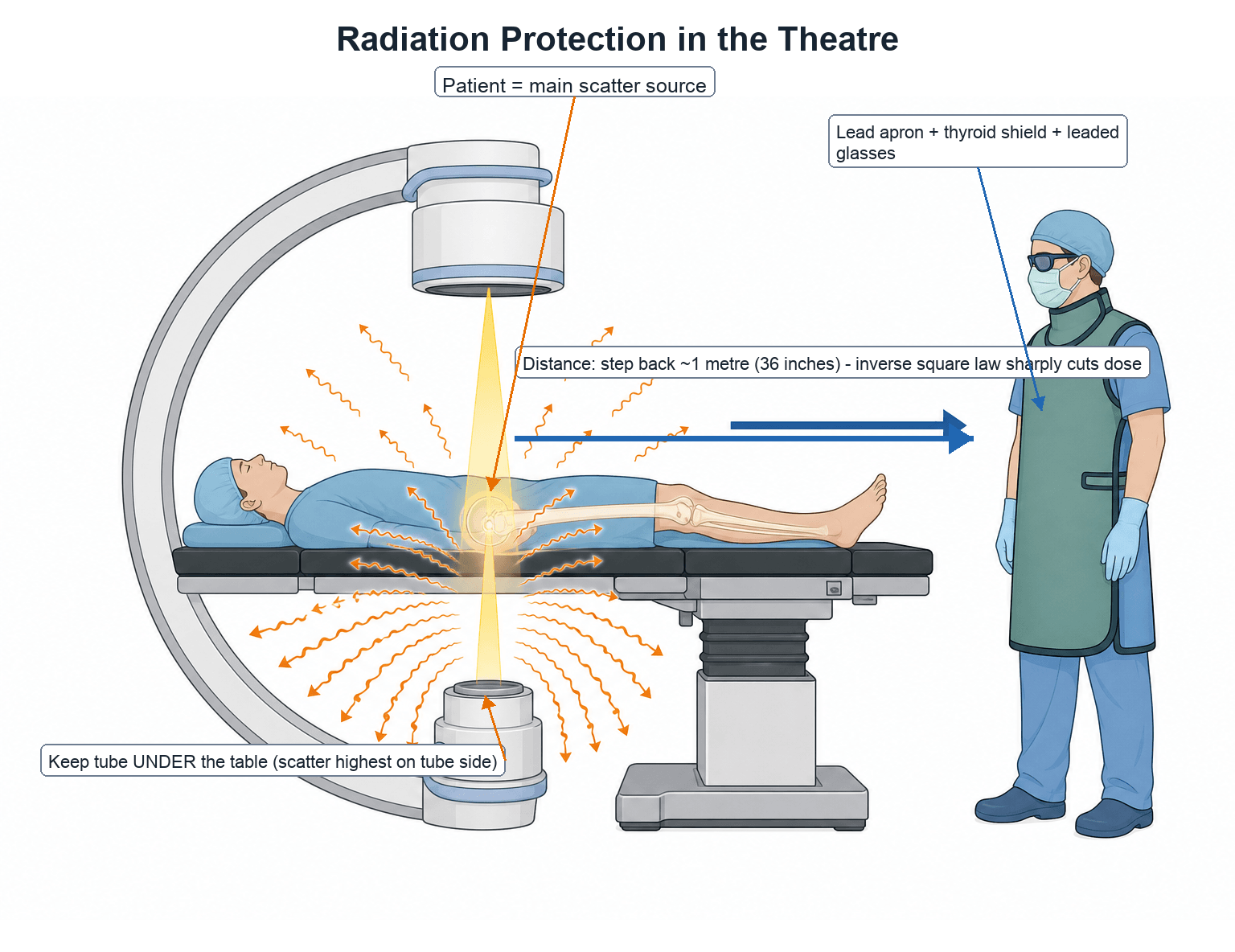 Diagram of radiation protection in the orthopaedic theatre: scatter from the patient, keeping the X-ray tube under the table, stepping back per the inverse-square law, and wearing lead apron, thyroid shield and leaded glasses.
