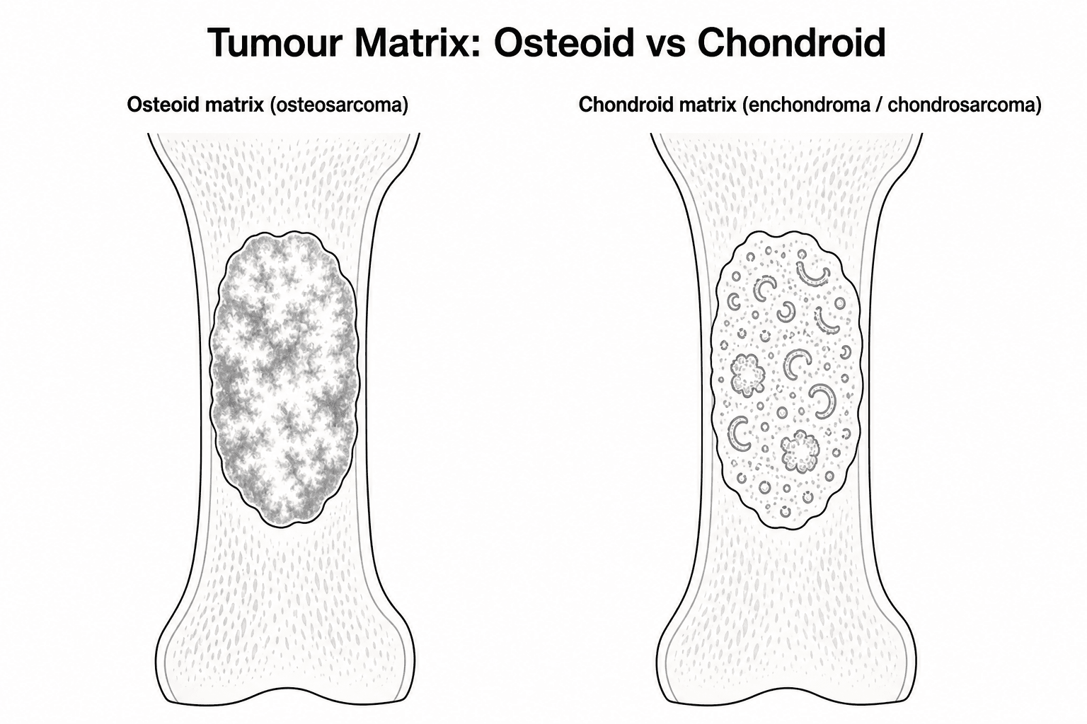 Diagram comparing cloud-like osteoid tumour matrix with rings-and-arcs chondroid matrix.