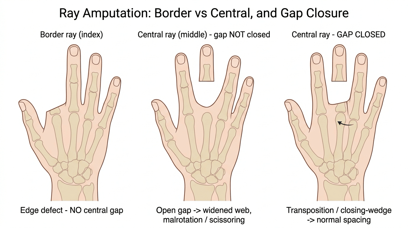 Dorsal hand diagram contrasting a border (index) ray amputation with a central (middle) ray amputation left open versus closed, showing scissoring when the gap is not closed
