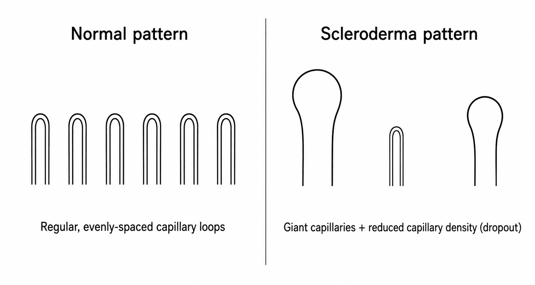 Diagram comparing a normal nailfold capillary pattern of regular evenly-spaced loops with a scleroderma pattern of giant capillaries and reduced capillary density