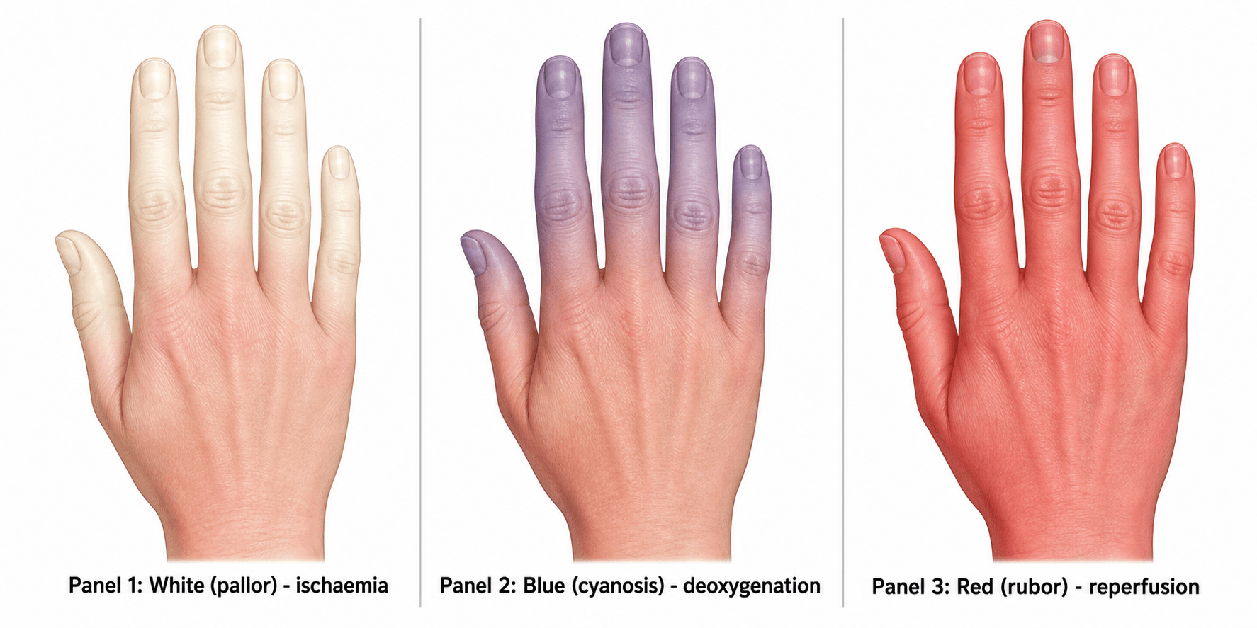 Three-panel diagram of the triphasic colour change of Raynaud's phenomenon: white pallor, blue cyanosis and red rubor