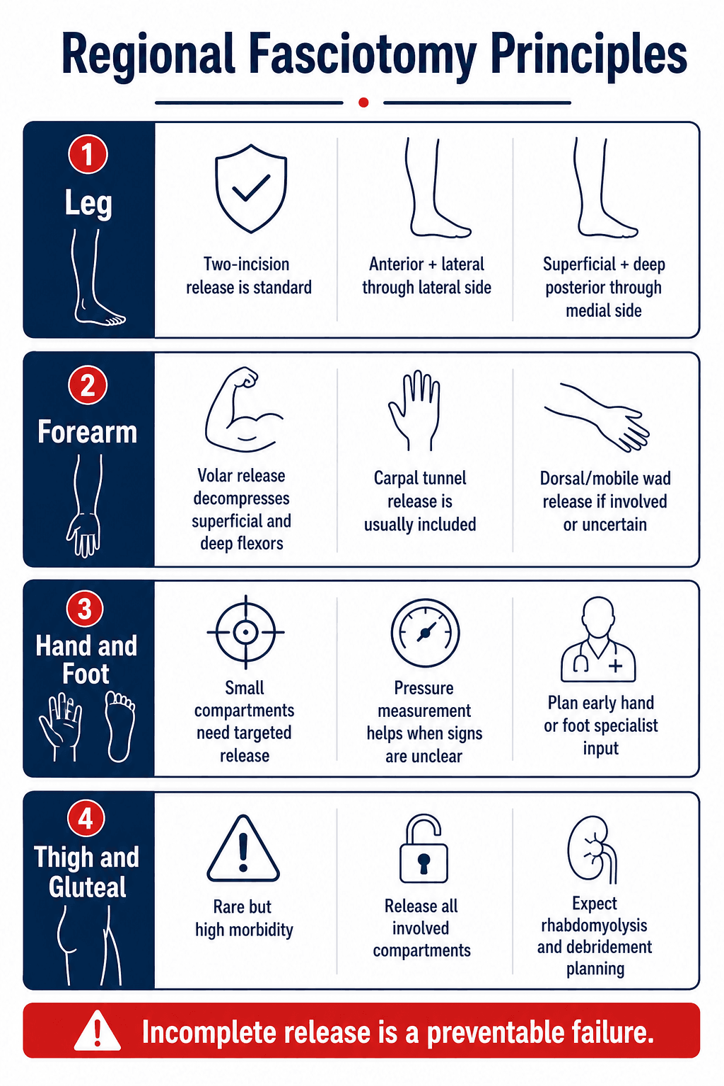 Surgical technique principles for regional fasciotomy in leg, forearm, hand, foot, thigh and gluteal compartment syndrome.