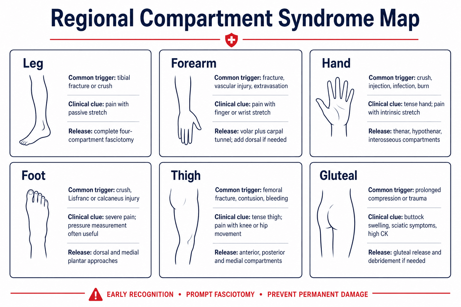 Regional compartment syndrome classification map comparing leg, forearm, hand, foot, thigh and gluteal clinical clues and release principles.