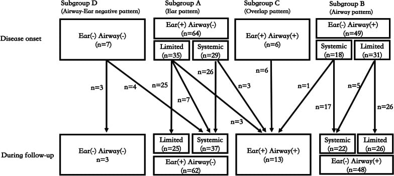 Flowchart diagram detailing clinical pattern evolution in relapsing polychondritis