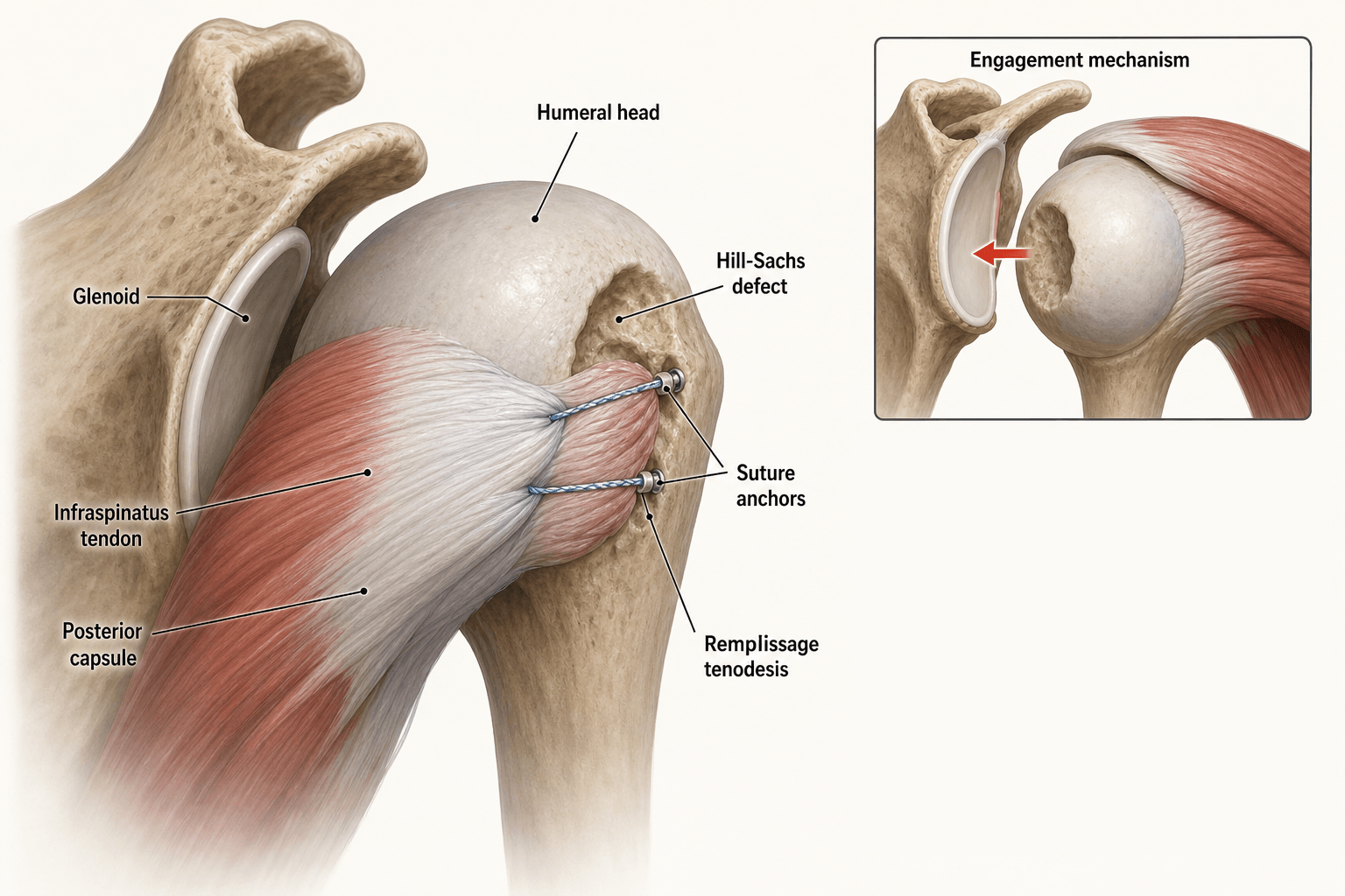 Labelled diagram of the arthroscopic remplissage procedure: the infraspinatus tendon and posterior capsule sutured into a Hill-Sachs defect, with an inset showing the engagement mechanism.