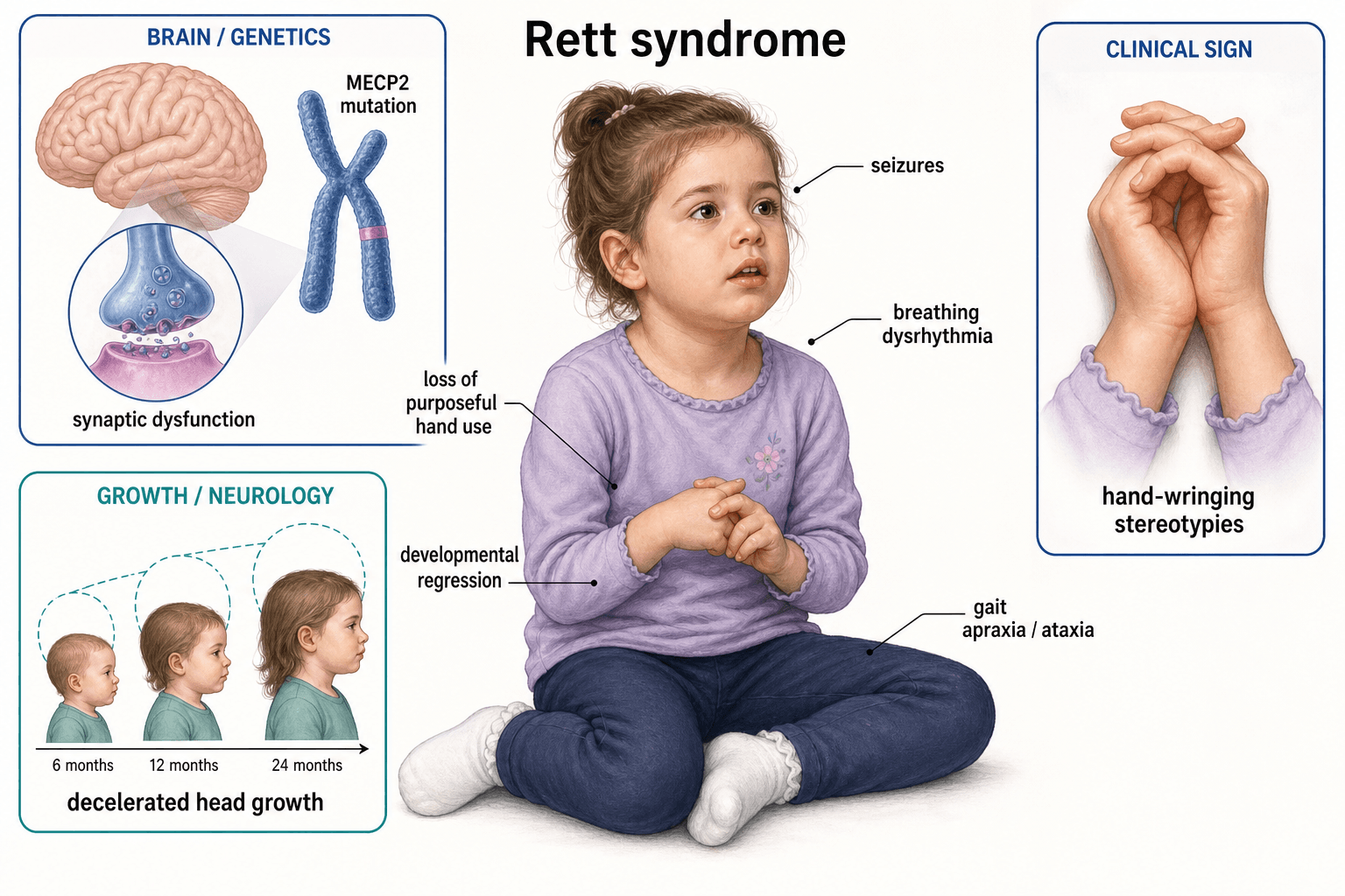 Labelled infographic of Rett syndrome: MECP2 mutation and synaptic dysfunction, decelerated head growth, hand-wringing stereotypies and the core clinical features