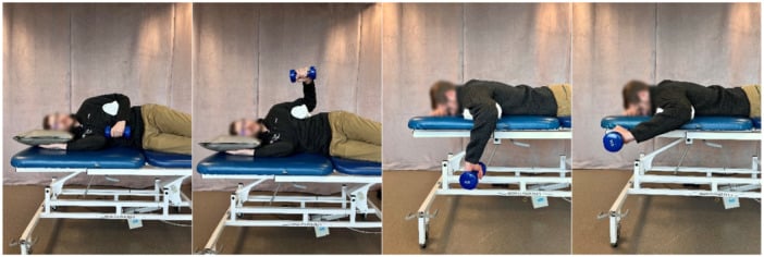 Side-lying and prone shoulder external rotation endurance tests with a hand weight