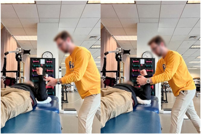 Two panels of supine isometric shoulder rotation testing with the arm at the side and the elbow flexed, the examiner resisting at the forearm