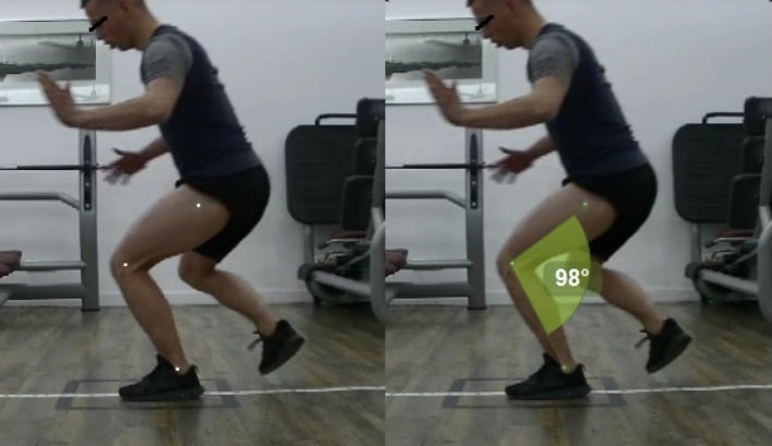 Two side-on video frames of a single-leg hop landing with marker dots on the leg, the second overlaid with a 98 degree knee-flexion angle