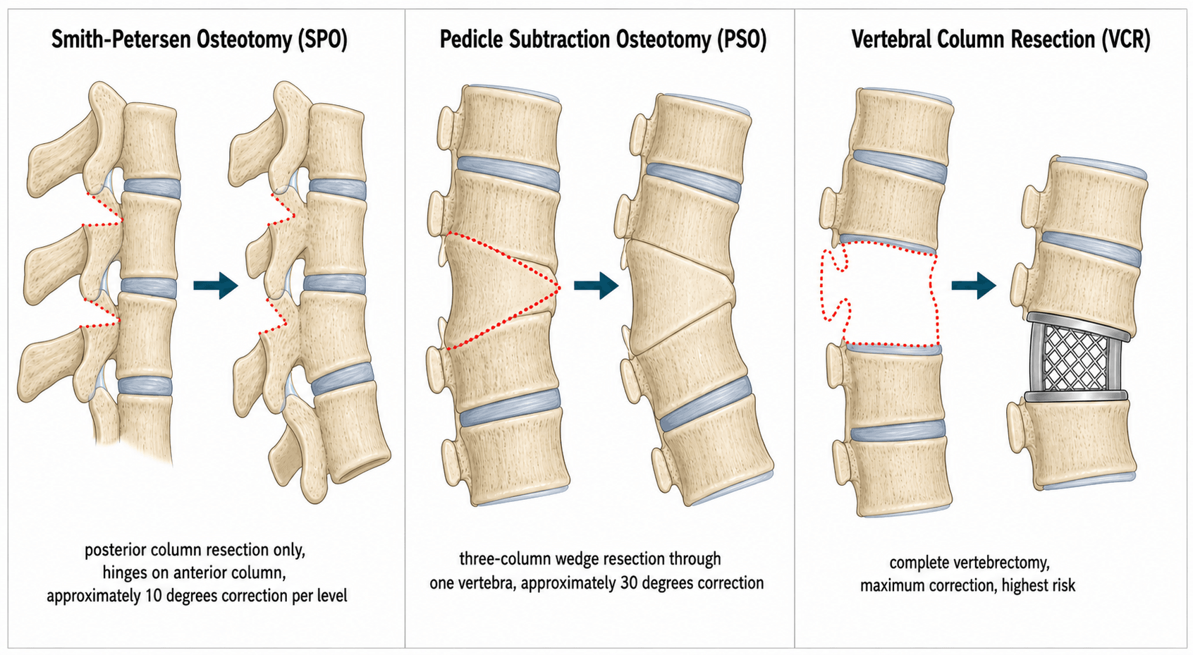 Sagittal schematic comparing Smith-Petersen osteotomy, pedicle subtraction osteotomy and vertebral column resection, showing the bone resected and correction achieved by each