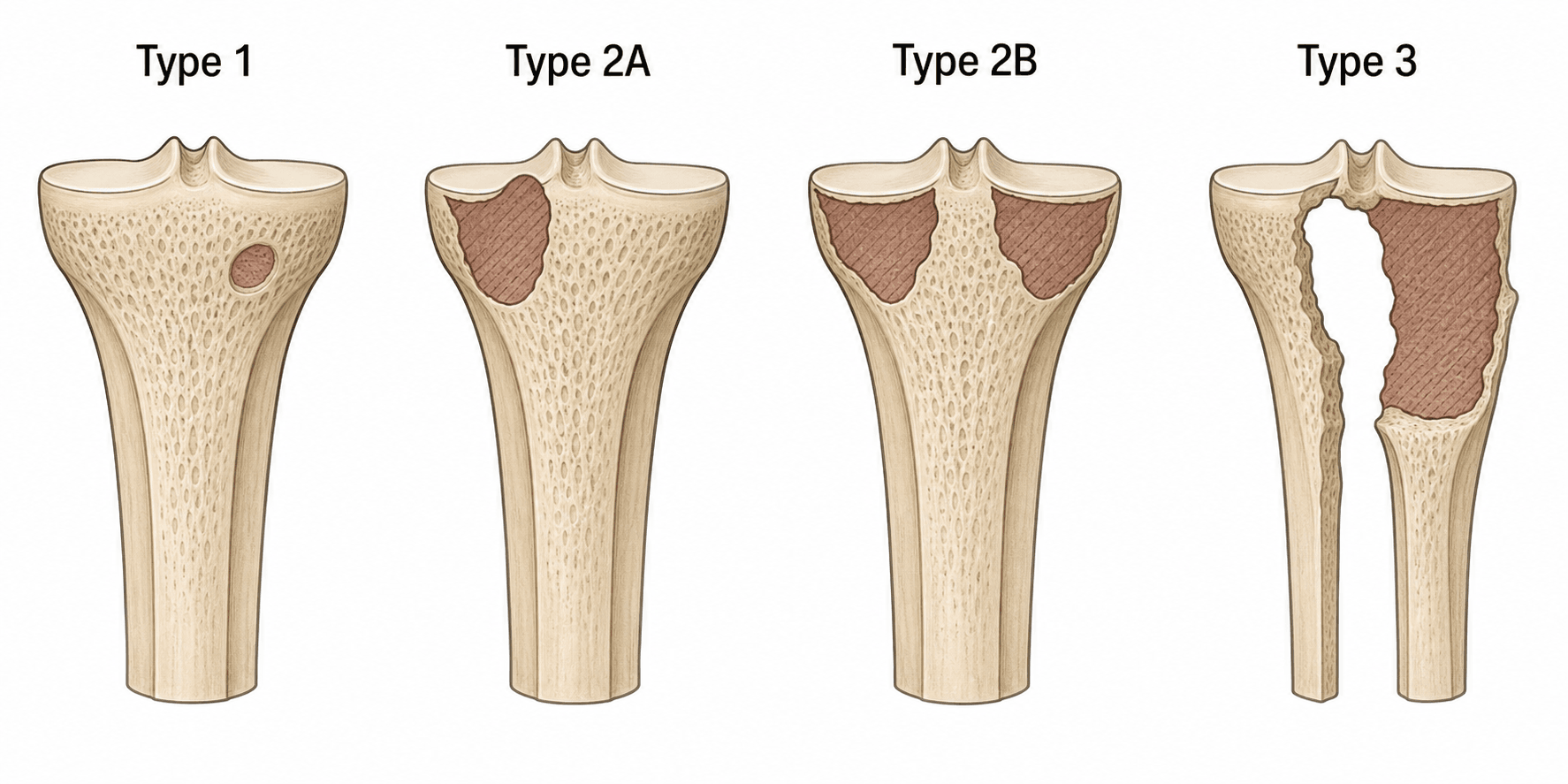 AORI bone defect classification shown on the proximal tibia: Type 1 intact metaphysis, Type 2A one plateau, Type 2B both plateaus, Type 3 deficient/segmental