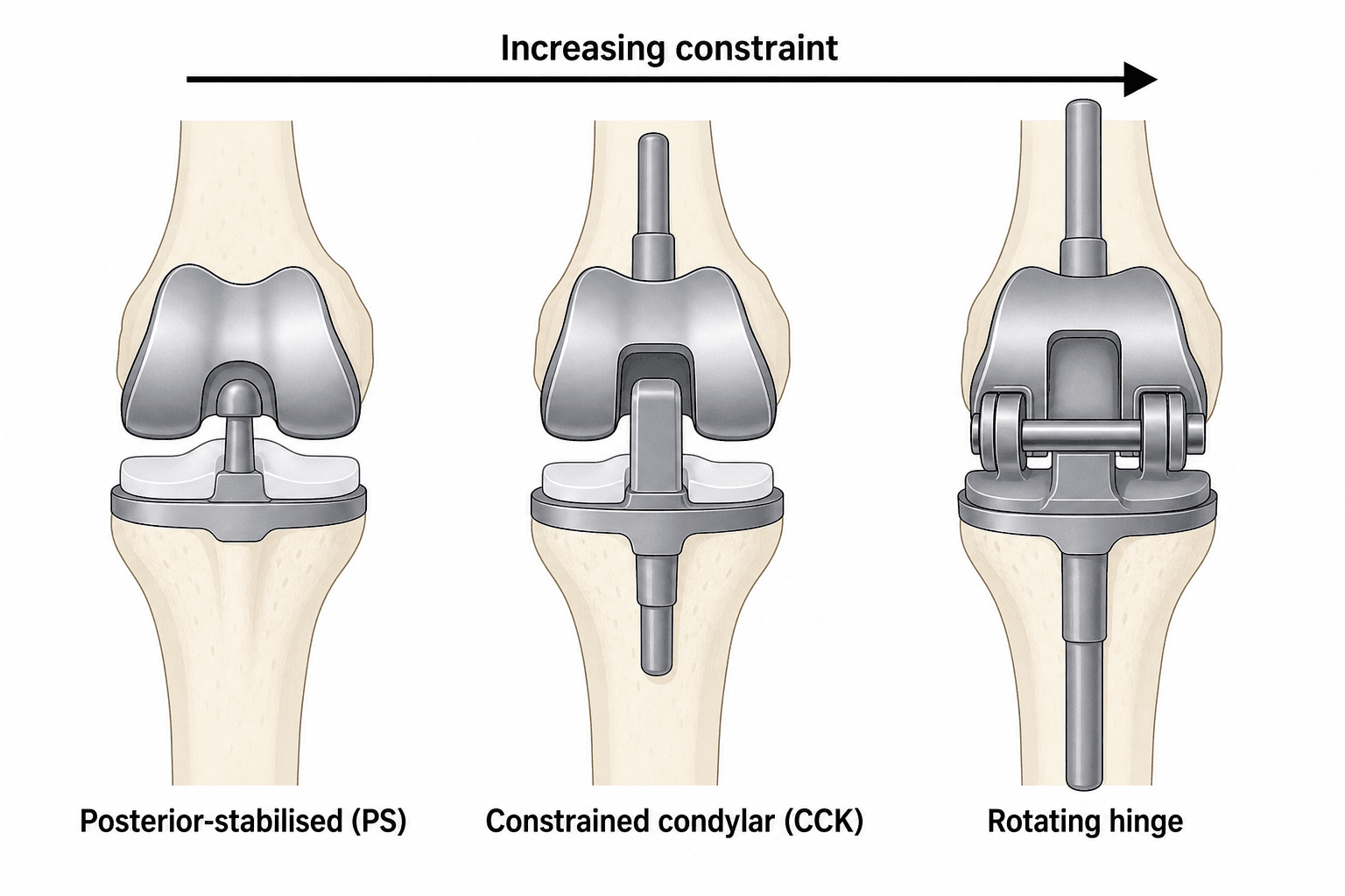 Revision knee constraint ladder: posterior-stabilised, constrained condylar (CCK) and rotating hinge implants with increasing constraint