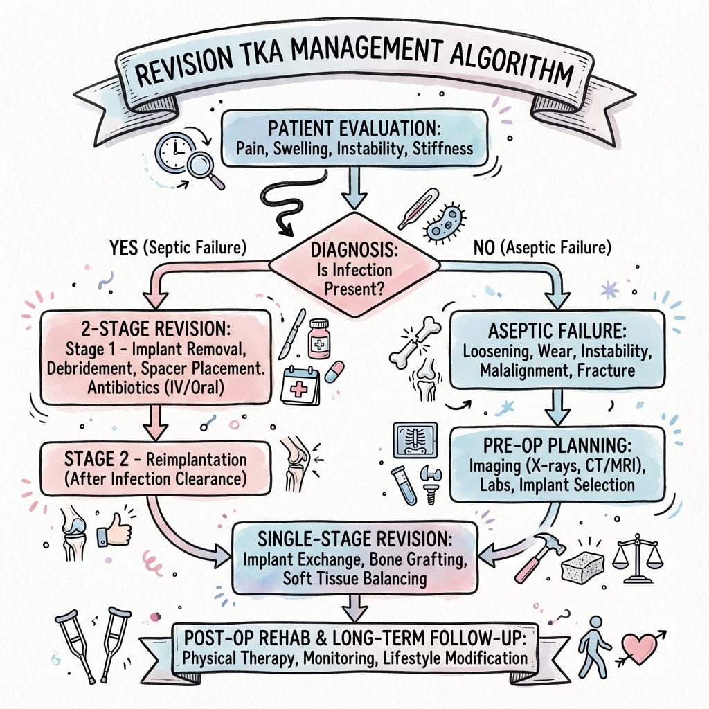 Revision TKA decision algorithm showing failure mode identification, AORI bone loss classification, and constraint selection