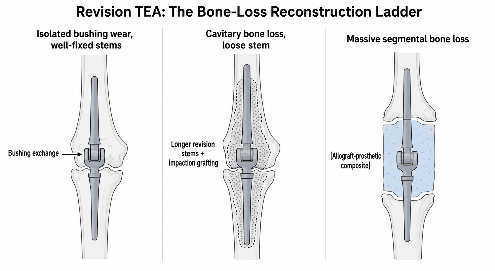 Three-panel schematic of the revision total elbow arthroplasty bone-loss reconstruction ladder: bushing exchange for isolated wear, longer stems with impaction grafting for cavitary loss, and allograft-prosthetic composite for massive segmental bone loss