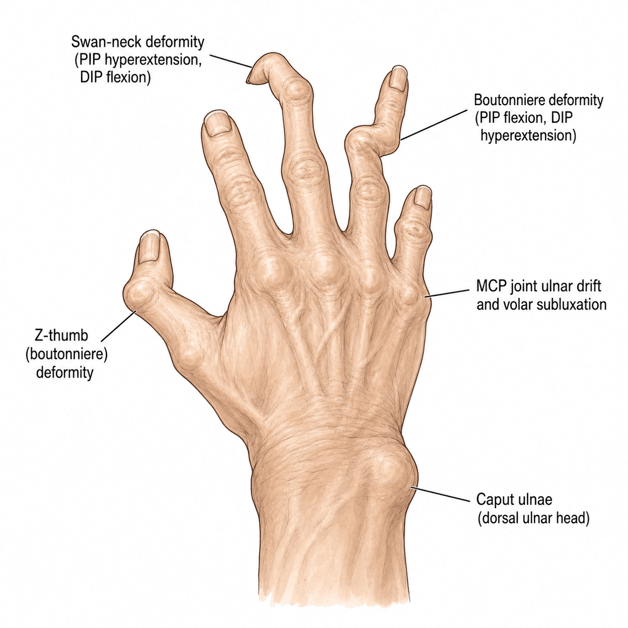 Diagram of the characteristic rheumatoid hand deformities.