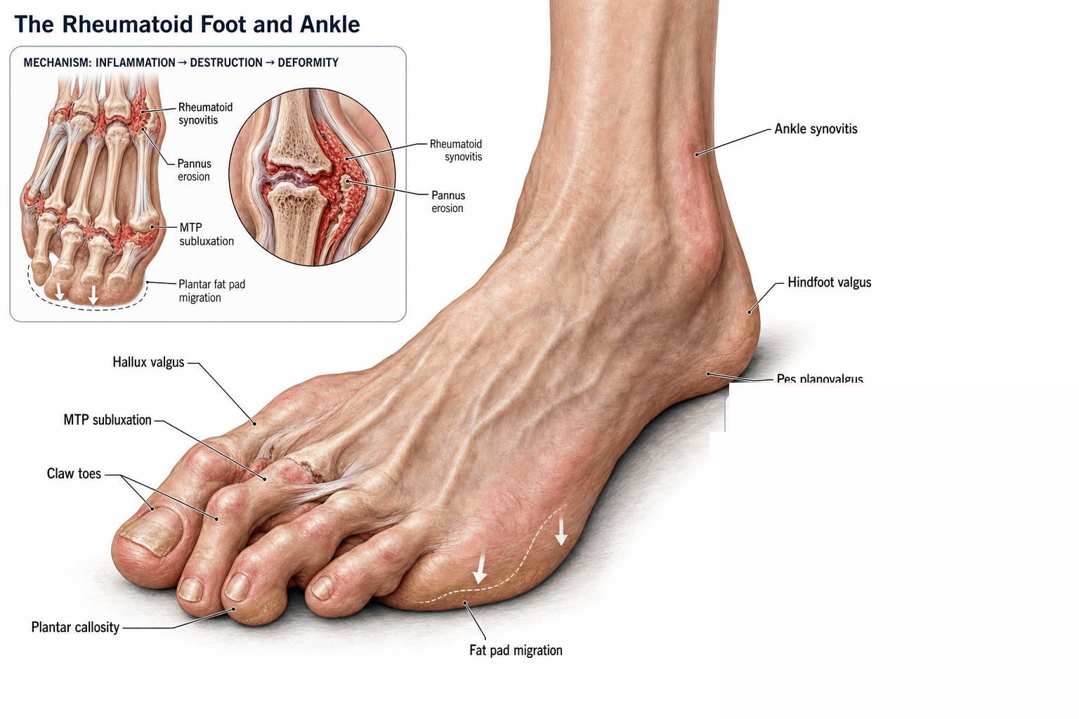 Clinical illustration of the rheumatoid foot and ankle showing hallux valgus, MTP subluxation, claw toes, plantar fat pad migration, ankle synovitis, hindfoot valgus and pes planovalgus, with an inset showing the synovitis-to-erosion mechanism at the MTP joints.