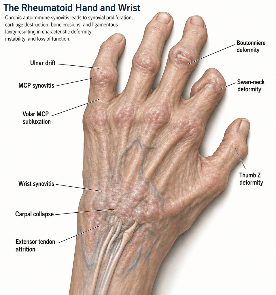 Labelled illustration of the dorsal rheumatoid hand and wrist showing the characteristic deformities of chronic synovitis.