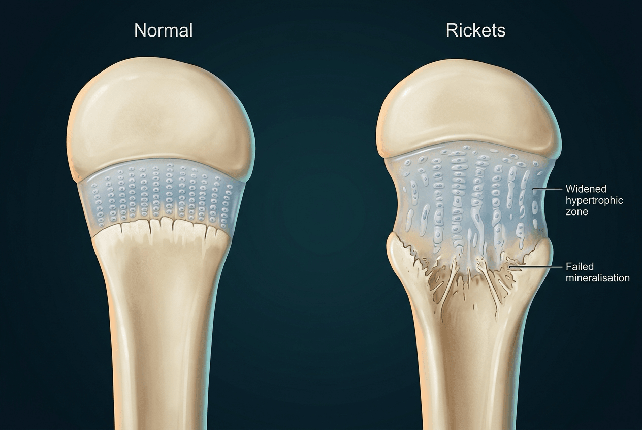 Illustration comparing a normal physis with a rachitic physis, the rachitic side labelled widened hypertrophic zone and failed mineralisation