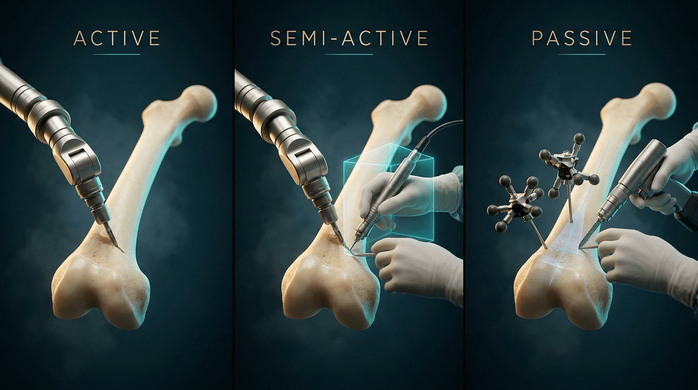Three-panel cinematic illustration of arthroplasty robot control: an autonomous milling arm (active), a surgeon-guided handpiece inside a glowing haptic envelope (semi-active), and a conventional saw with optical trackers and no robot arm (passive).