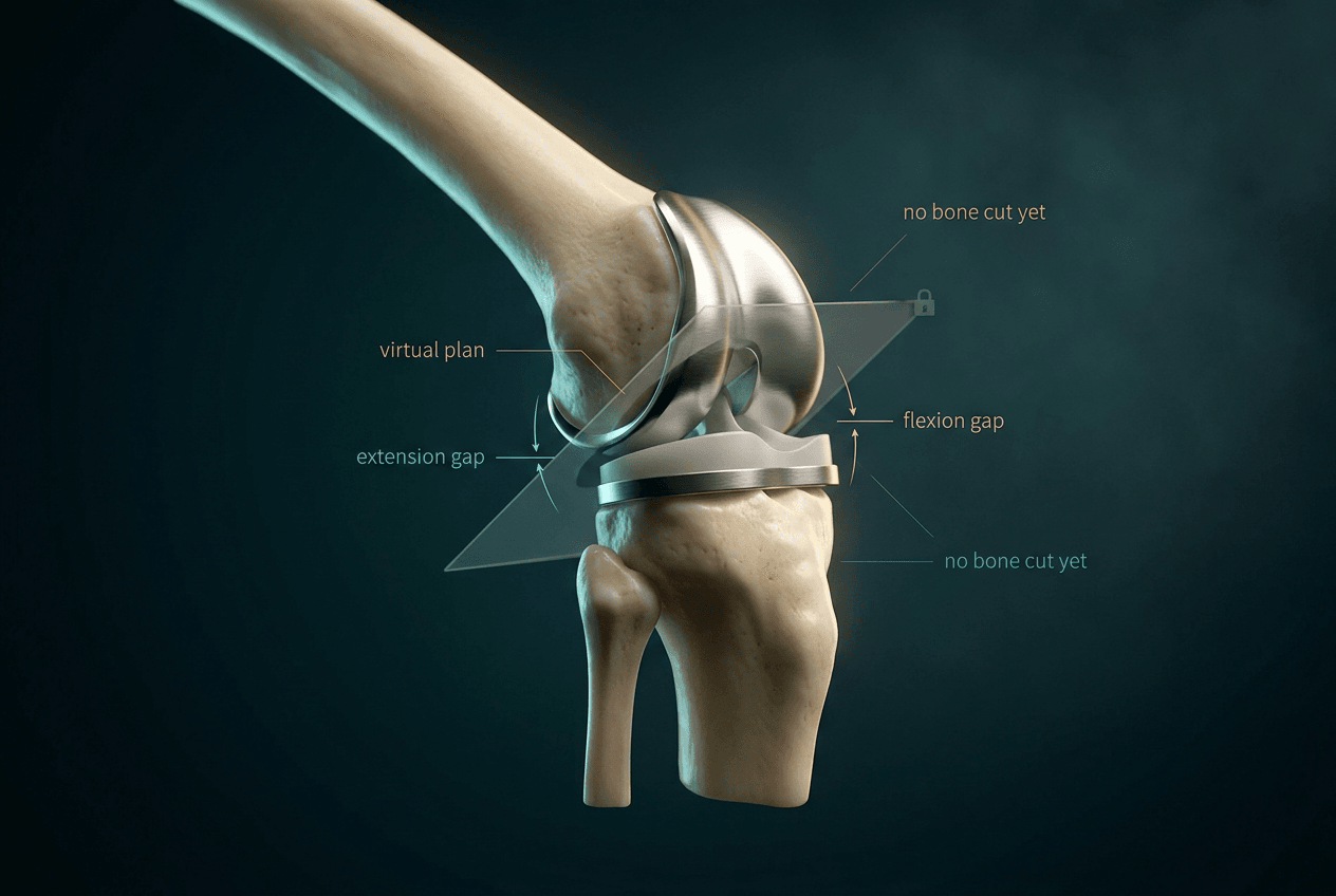 Cinematic view of a virtual femoral component on an uncut femur and tibia, with flexion and extension gap arrows and a locked saw-cut plane labelled that no bone has been cut yet.