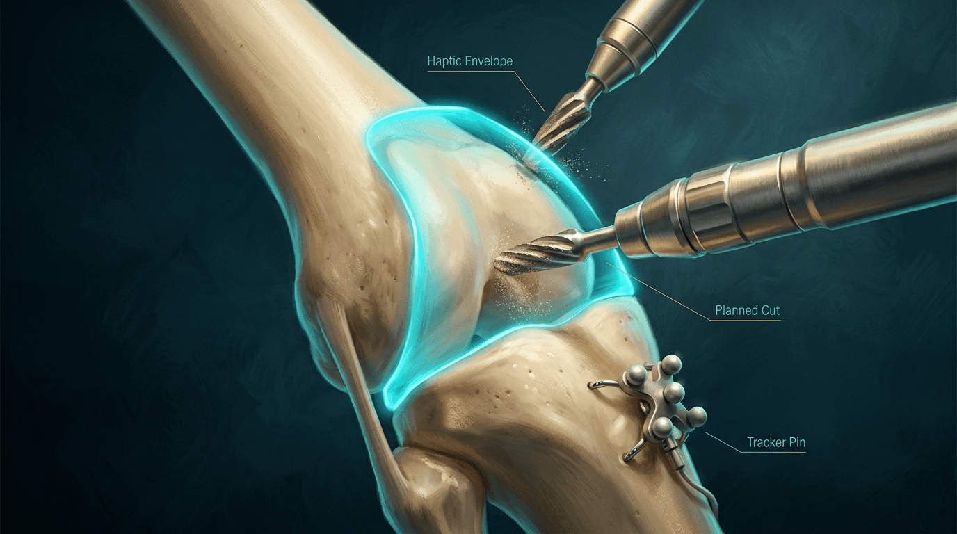 Cinematic close view of a distal femur with a surgeon-guided burr cutting inside a glowing cyan haptic envelope, a planned chamfer plane, and a metaphyseal tracker pin.