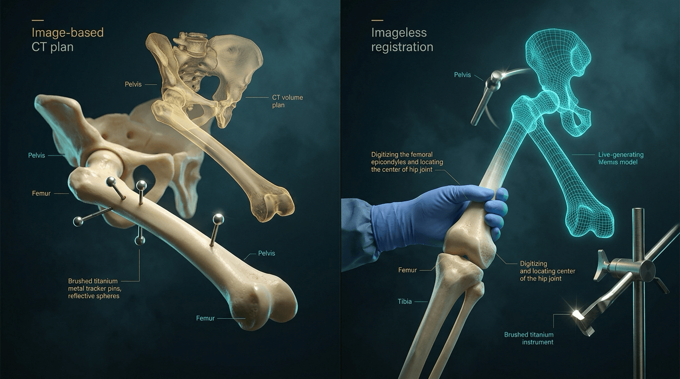 Two-panel illustration: a gold CT volume registered onto a femur with tracker pins versus an imageless probe digitising landmarks to build a live wireframe, with no CT scanner.