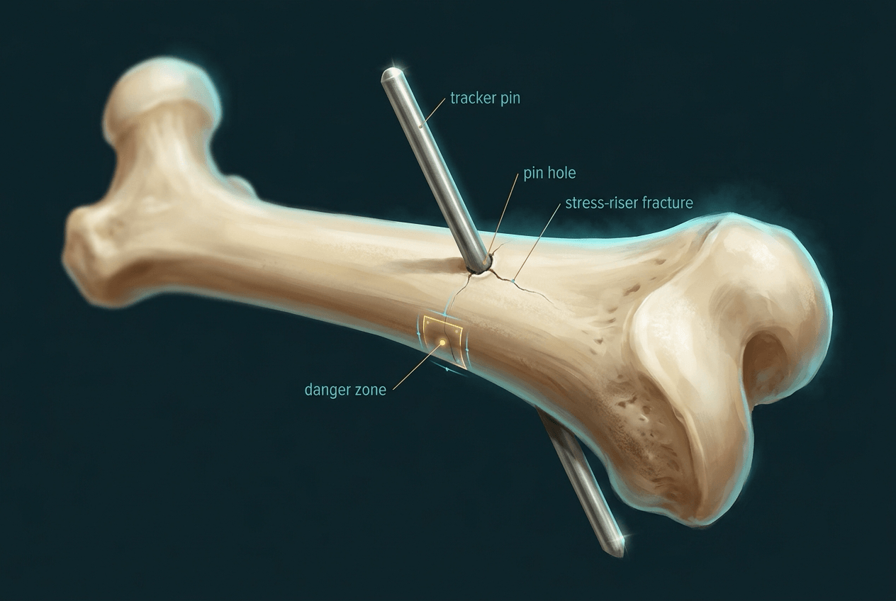 Cinematic distal femur with two bicortical tracker pins and a hairline stress-riser fracture starting at one pin hole.