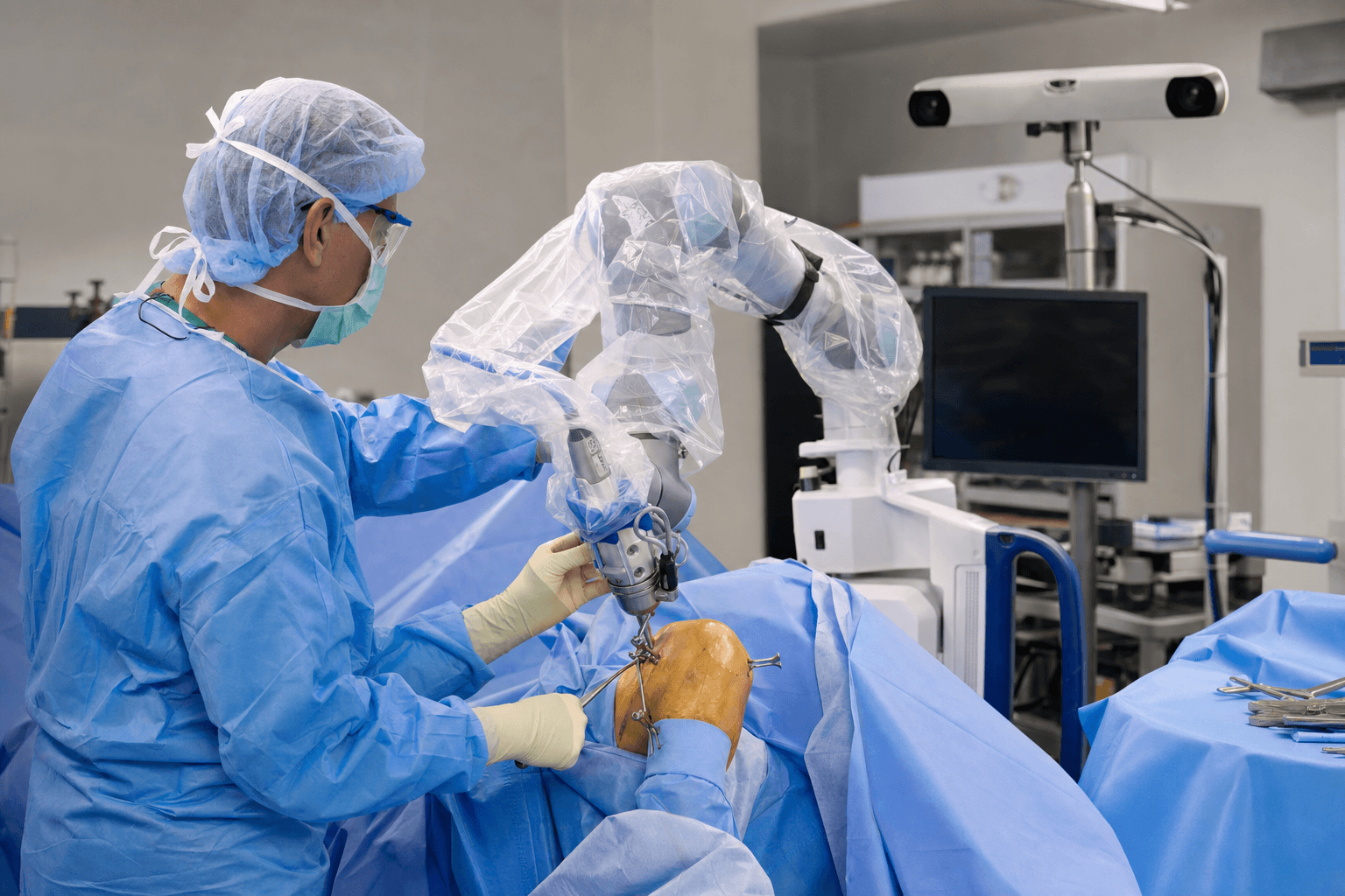 Intraoperative photograph of robotic-arm-assisted total knee arthroplasty with an optical tracker array.