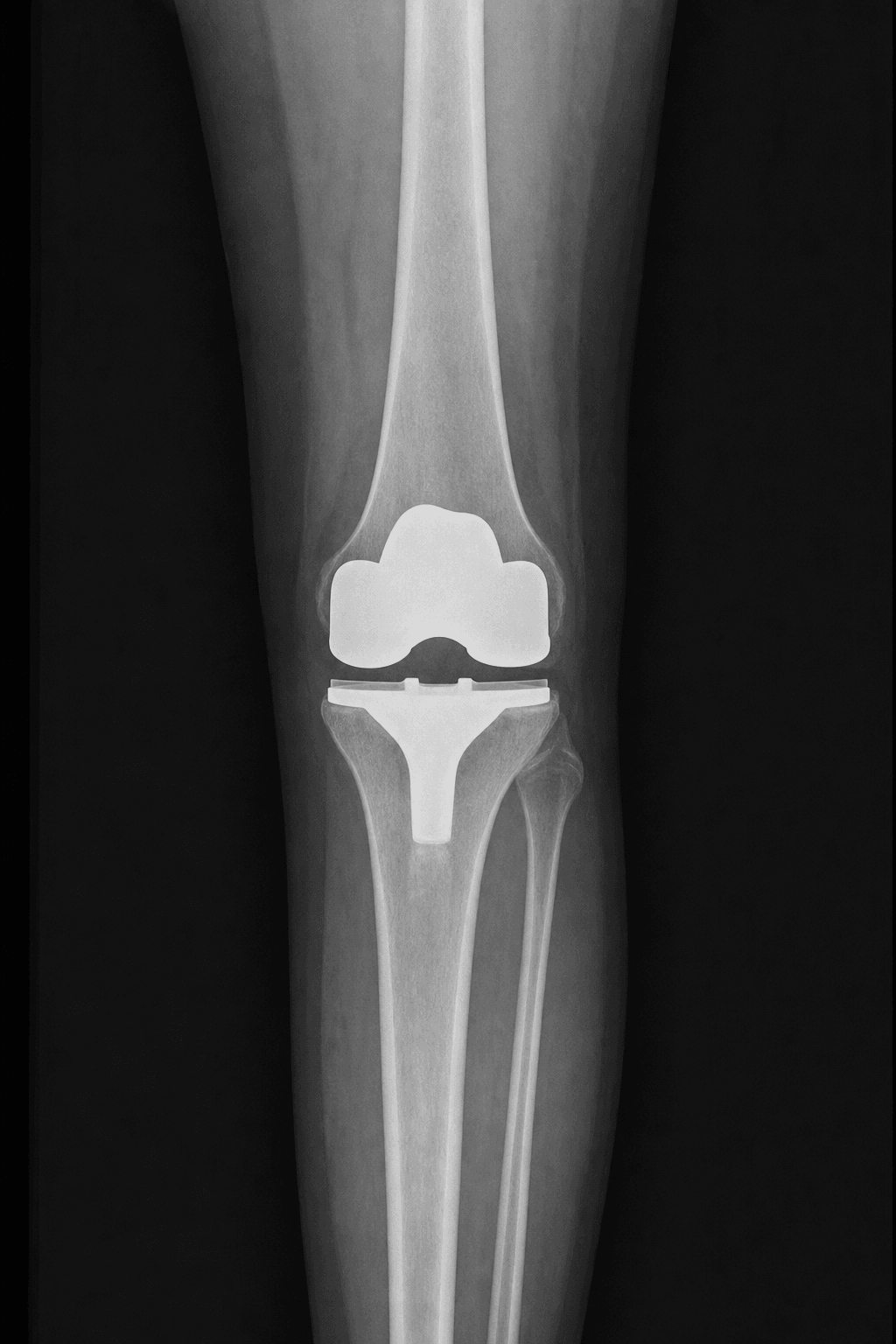 AP radiograph of a well-aligned total knee arthroplasty with a neutral mechanical axis.