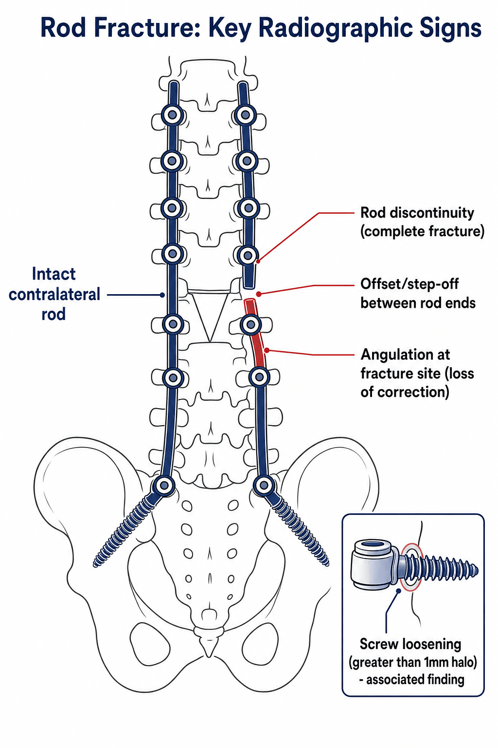Schematic of a long lumbopelvic instrumented fusion construct showing a complete rod fracture at the osteotomy level with discontinuity, offset and angulation, contrasted against an intact contralateral rod, plus an inset showing screw-loosening halo.