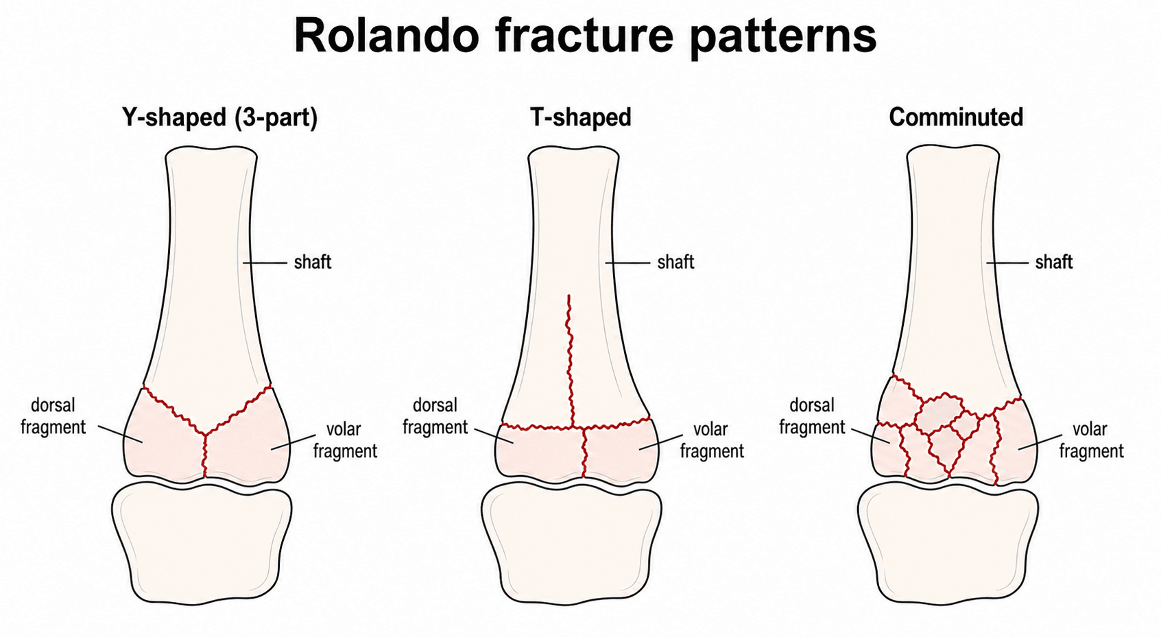 Schematic of Rolando fracture patterns: Y-shaped, T-shaped and comminuted thumb metacarpal base fractures