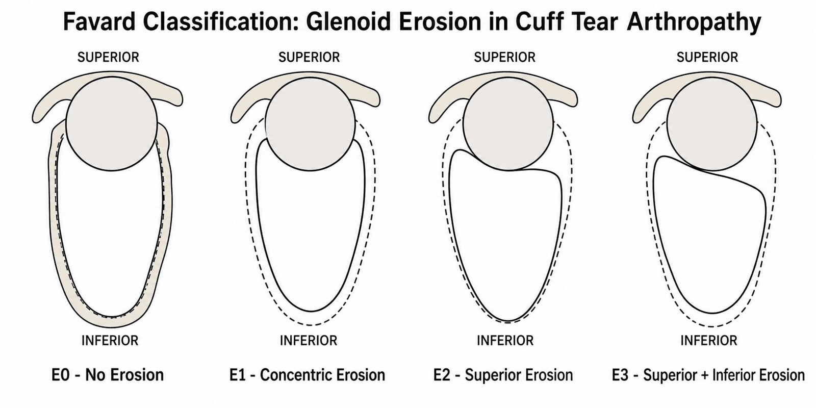 Axial schematic of the four Favard glenoid erosion patterns E0 to E3