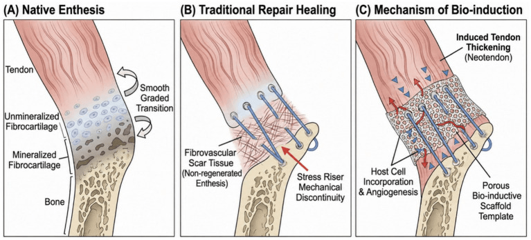 Native tendon-bone enthesis compared with scar-mediated repair healing