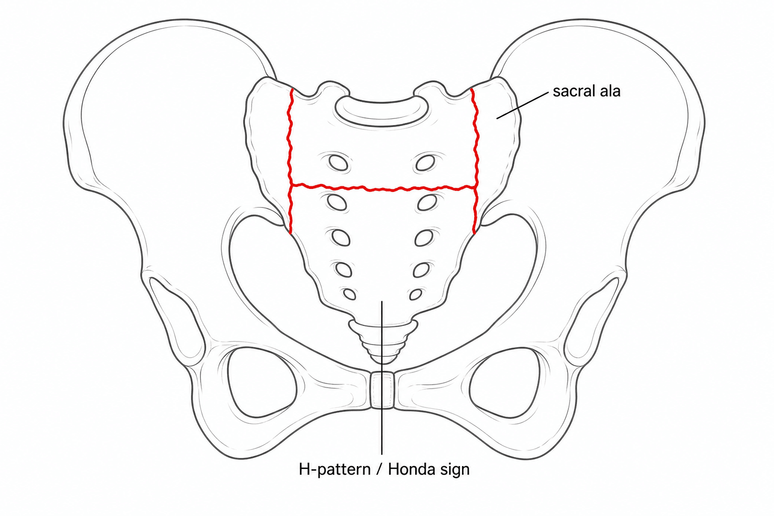 Diagram of the sacrum showing bilateral alar and transverse fracture lines forming the H-shaped Honda sign