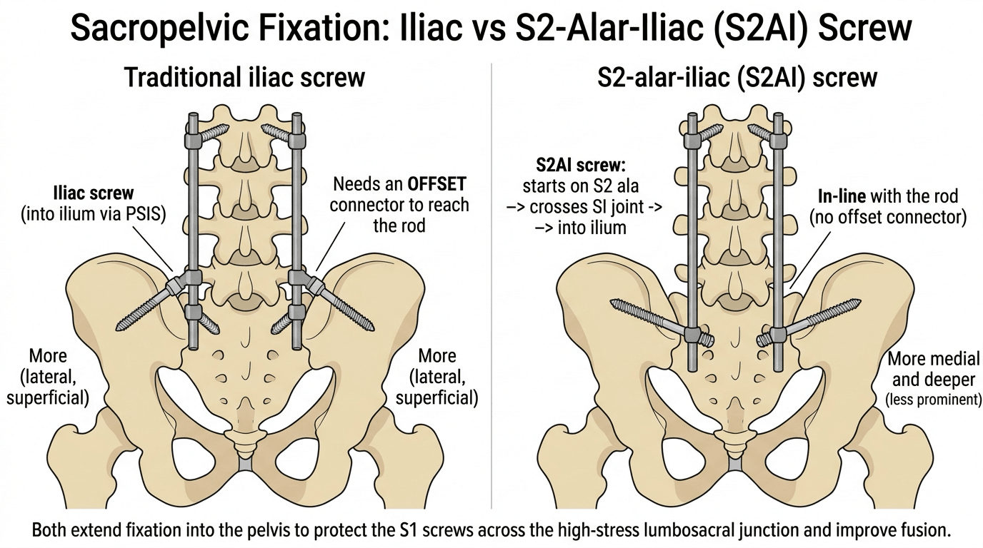 Posterior diagram comparing a traditional iliac screw (into the ilium via the PSIS, with an offset connector) and an S2-alar-iliac screw (from the S2 ala across the sacroiliac joint into the ilium, in-line with the rod)