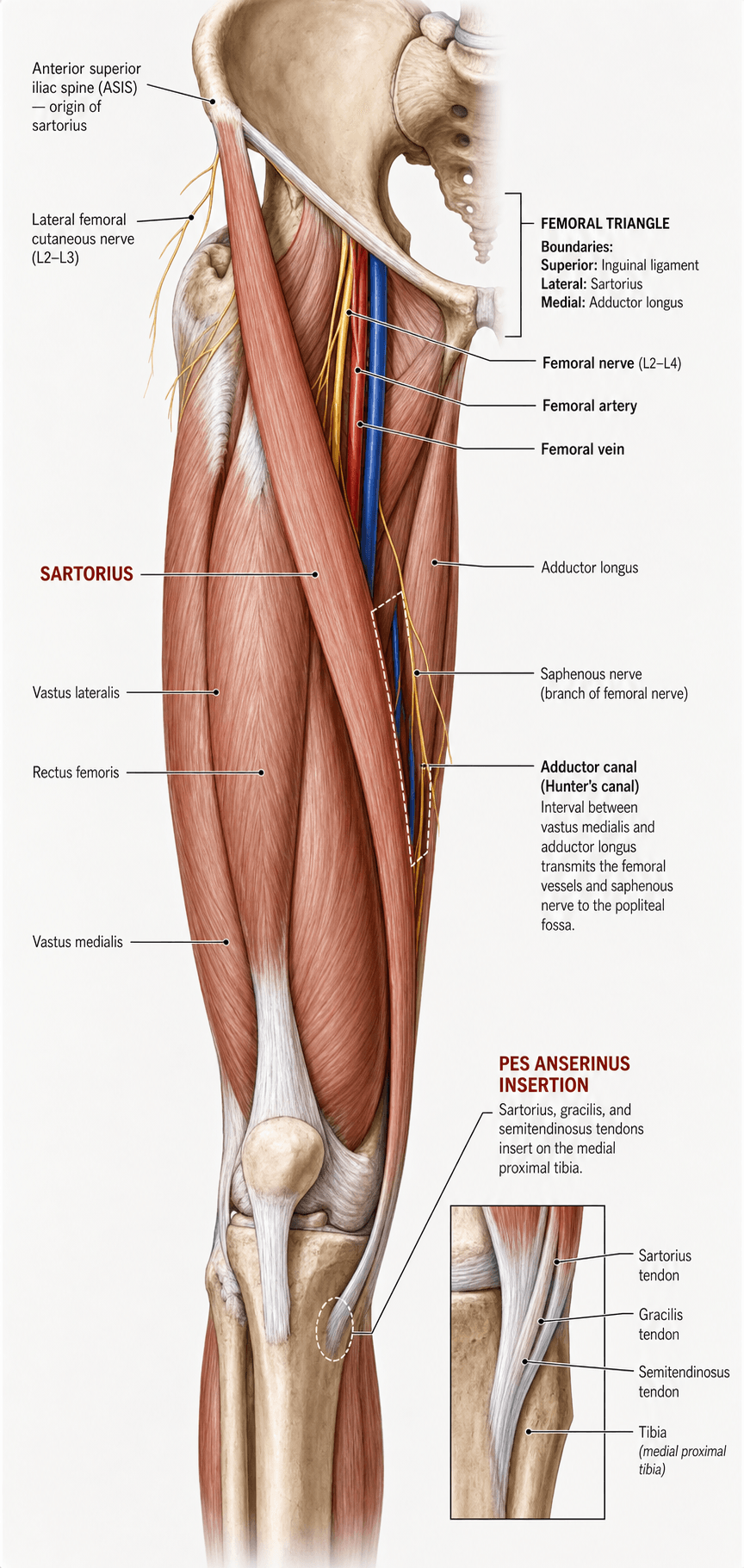 Labelled anterior-thigh illustration of the sartorius and its relations: ASIS origin, femoral triangle (femoral nerve/artery/vein), adductor (Hunter's) canal, saphenous and lateral femoral cutaneous nerves, with a pes anserinus inset.