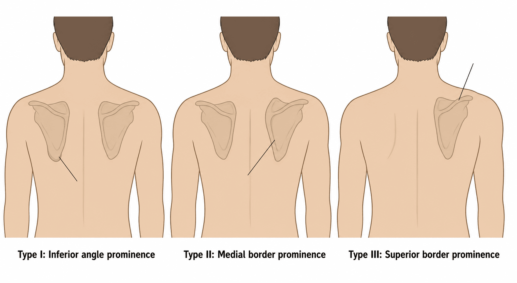 Illustration of the three Kibler types of scapular dyskinesis: Type I inferior angle prominence, Type II medial border prominence, Type III superior border prominence