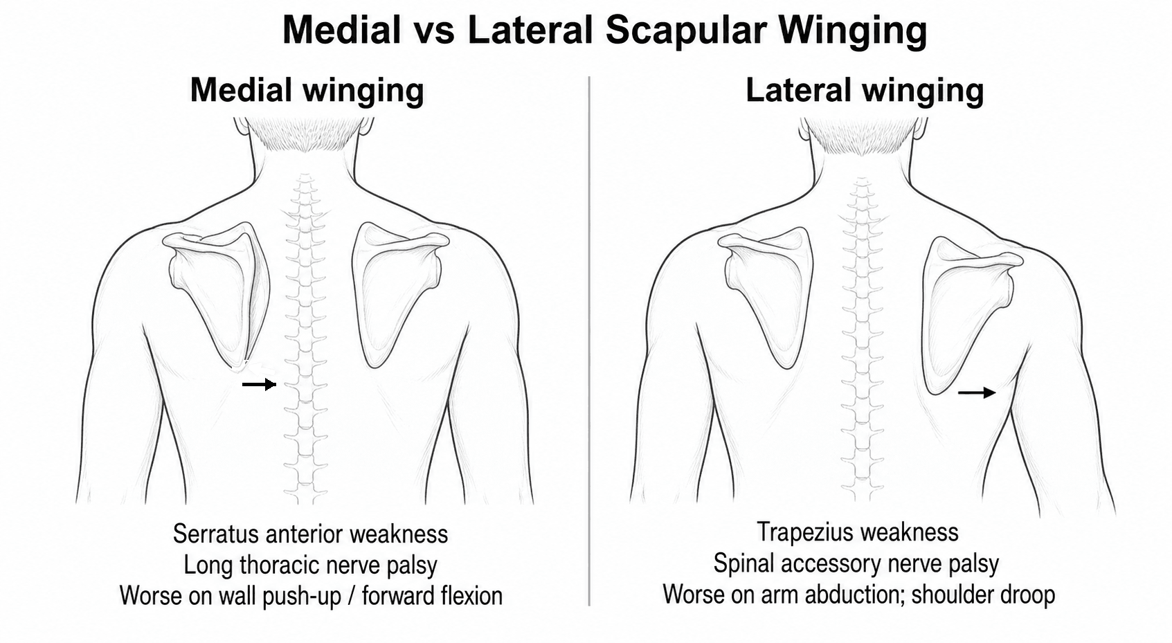 Posterior-view diagram comparing medial scapular winging (serratus anterior / long thoracic nerve) with lateral winging (trapezius / spinal accessory nerve), showing the direction of inferior-angle displacement and the provocative test for each.