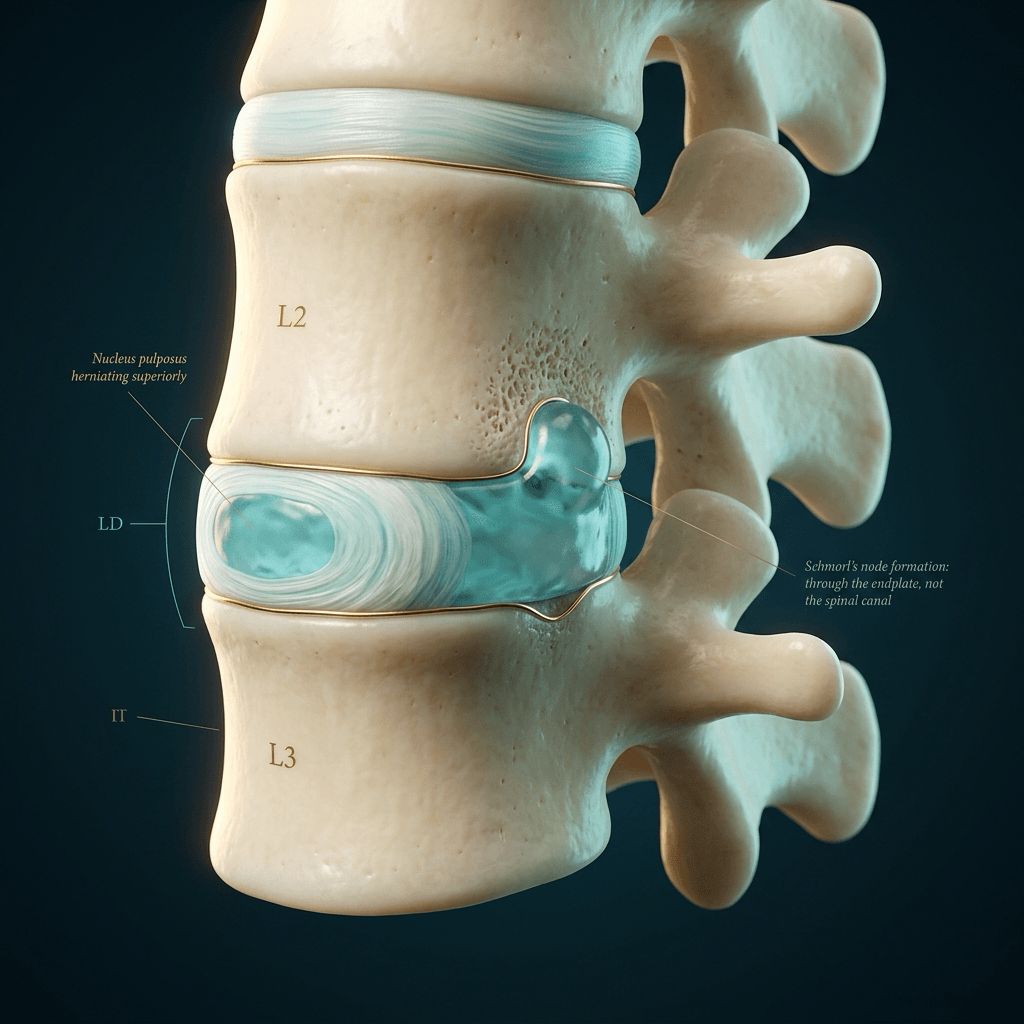 Cinematic sagittal cutaway of two lumbar vertebrae with nucleus pulposus herniating through a focal endplate breach into the vertebral body, labelled Schmorl.